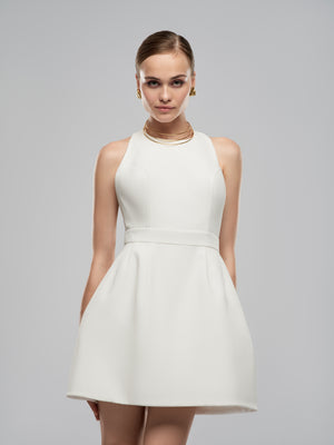 Jolie Dress - White High Neck Backless Mini Dress with Train alt hover