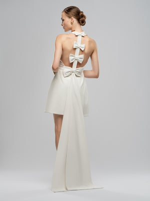 Jolie Dress - White High Neck Backless Mini Dress with Train