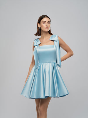 Reve Dress - Sky Blue Mini Dress with Flared Skirt and Statement Shoulders