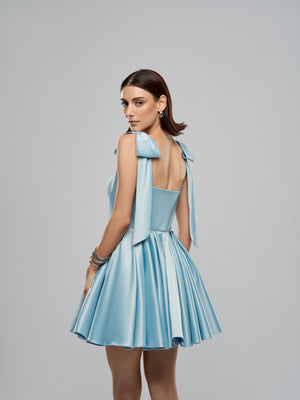 Reve Dress - Sky Blue Mini Dress with Flared Skirt and Statement Shoulders alt hover