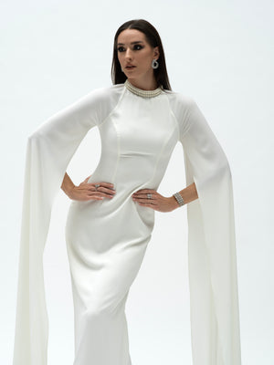 Pearl of Dawn Dress - Off White Embellished Maxi Dress with Statement Sleeves