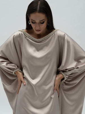 Lunar Silk Dress - Silver High-Neck Pearl Detail Maxi Dress alt hover
