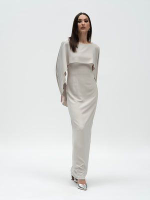 Flowing Serenity Dress - Silver High-Neck Cape Detail Maxi Dress