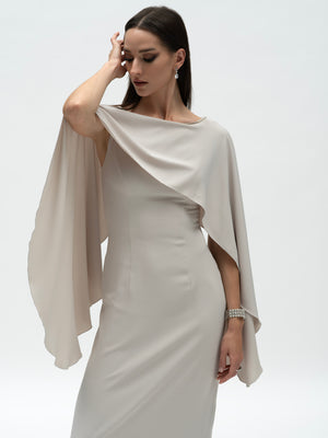 Flowing Serenity Dress - Silver High-Neck Cape Detail Maxi Dress alt hover