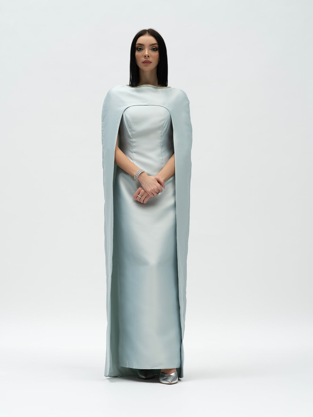 Lunar Serenity Dress - Pale Blue Boat Neck Bishop Sleeve Maxi Dress 42 / Blue