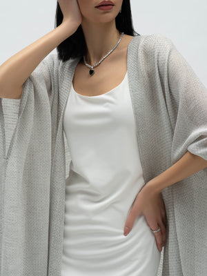 Tranquility Abaya Dress - Off White Round Neck Midi Dress with Detachable Abaya in Silver alt hover