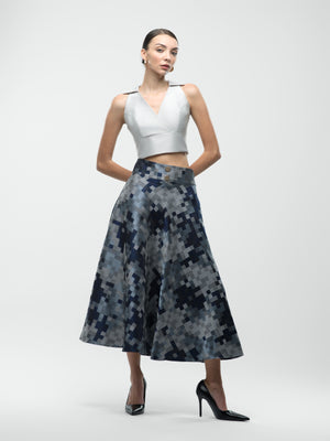 Evelyn Skirt - Blue and Grey A-Line Midi Skirt alt hover