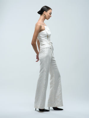 Noor Trouser - Off White Flared Jacquard Fitted Trousers