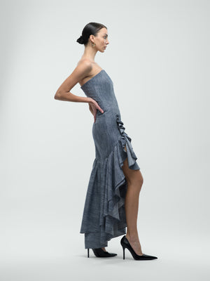 Sophia Dress - Grey Denim Asymmetric Hem Strapless Maxi Dress alt hover