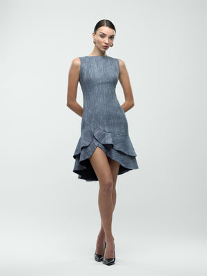 Sienna Dress - Grey Denim Asymmetric Hem, Boat Neck Mini Dress