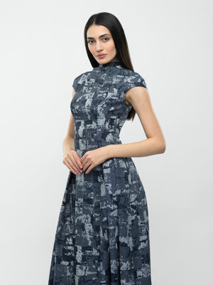 Rania – Blue and Grey Sleeveless Maxi Dress