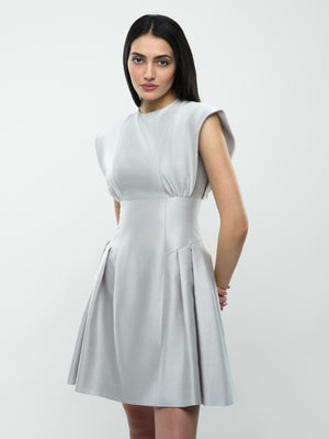 Shams Dress - Silver Mini Dress with Cinched Waste and Statement Shoulders