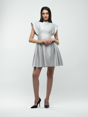Shams Dress - Silver Mini Dress with Cinched Waste and Statement Shoulders alt hover
