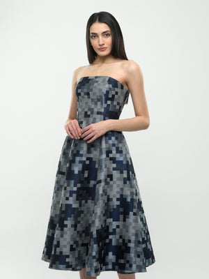Amira Dress - Blue and Grey Strapless Midi Dress