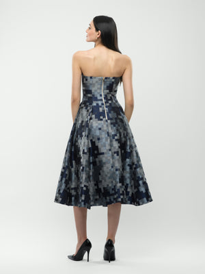 Amira Dress - Blue and Grey Strapless Midi Dress alt hover