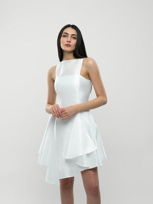 Yasmin Dress - White Jacquard Boat Neck Asymmetric Mini Dress