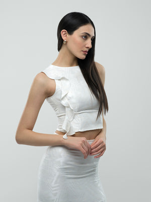 Zara Top - White High Neck Sleeveless Crop Top with Ruffle Detail alt hover