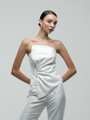 Noor Top - Off White Asymmetric Jacquard Fitted Top
