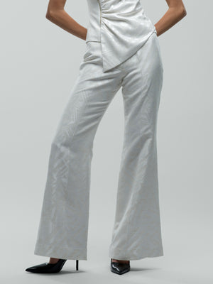Noor Trouser - Off White Flared Jacquard Fitted Trousers alt hover