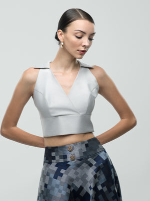 Evelyn Top - Silver Copped V-Neck Shoulder Detail Top