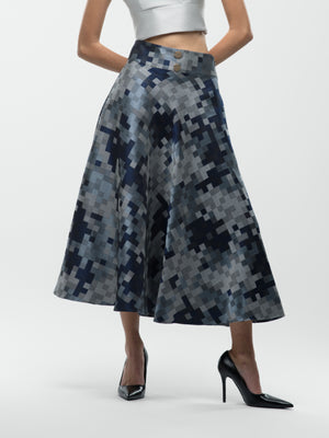 Evelyn Skirt - Blue and Grey A-Line Midi Skirt