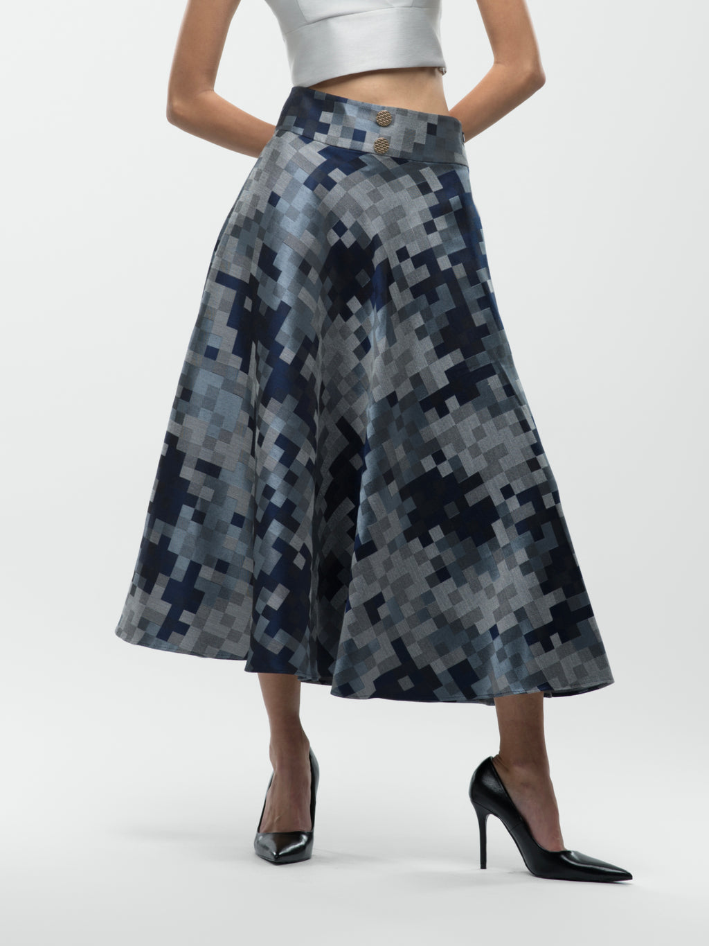 Evelyn Skirt - Blue and Grey A-Line Midi Skirt - Leen Moughrabi