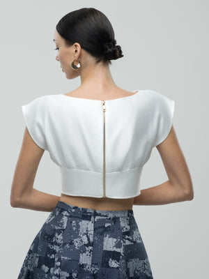 Isla Top - White Boat Neck Waisted Crop Top alt hover