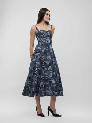 Grace Dress - Blue and Grey Sweetheart Neckline with Straps, A-Line Midi Dress