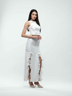 Zara Top - White High Neck Sleeveless Crop Top with Ruffle Detail