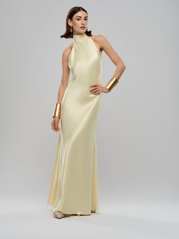 Buy Belle Dress – Yellow Satin, Floor-Length & Backless Gown