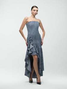 Sophia Dress - Grey Denim Asymmetric Hem Strapless Maxi Dress Sophia Dress - Grey Denim Asymmetric Hem Strapless Maxi Dress